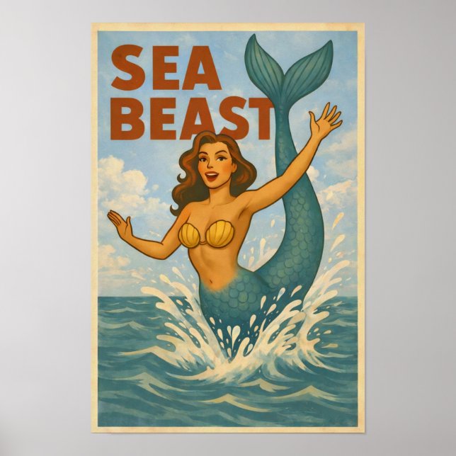Sea Beast Retro Mermaid | Funny Coastal Beach Art Poster (Framsidan)