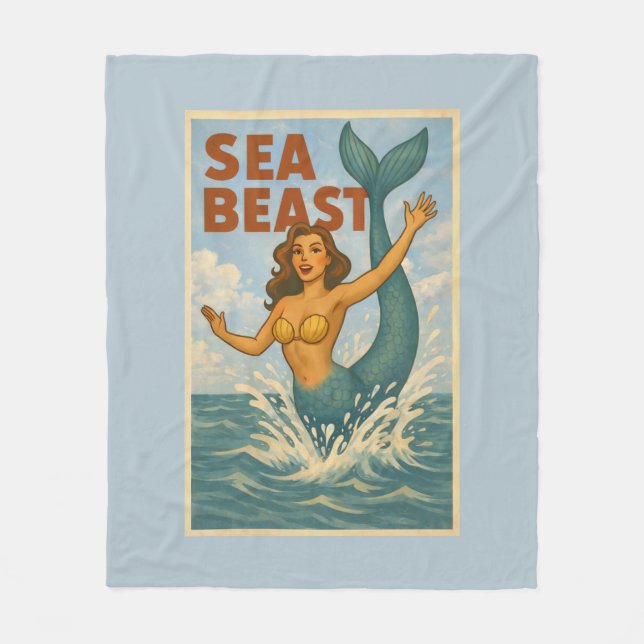Sea Beast Retro Mermaid | Funny Coastal Beach Blue Fleecefilt (Framsidan)