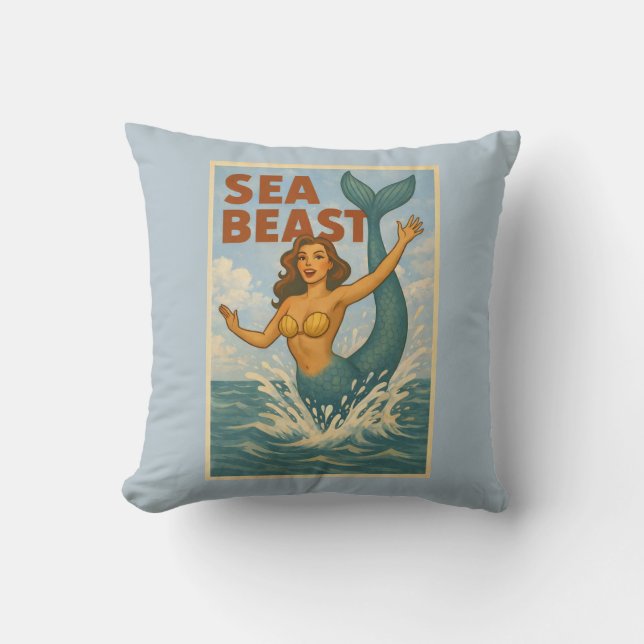Sea Beast Retro Mermaid | Funny Coastal Beach Blue Kudde (Framsida)