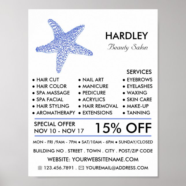 Sea Blue Beach Starfish, Beautician, Beauty Salon Poster (Framsidan)