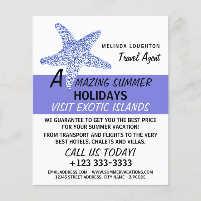 Sea Blue Beach Starfish, Travel Agent Reklam Flygblad (Framsidan)