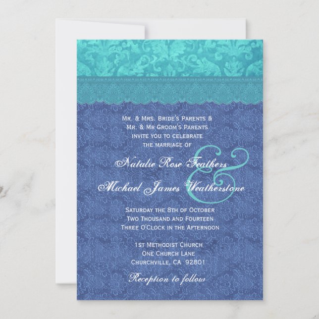 Sea Blue och Aqua Blue Damask Wedding G500F Inbjudningar (Framsida)