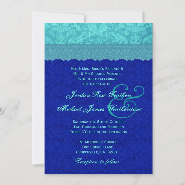 Sea Blue och Royal Blue Damask Wedding G500G Inbjudningar (Framsida)
