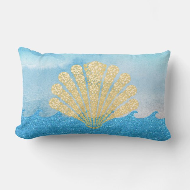 Sea Blue Sparkling Vinkarare Guld Diamond Seashell Lumbarkudde (Framsida)