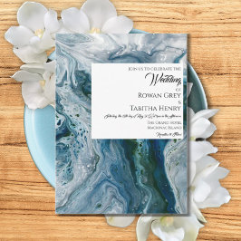 Sea Blues Alcohol Ink Paint Elegant Wedding  Inbjudningar