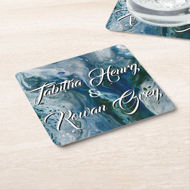 Sea Blues Alcohol Ink Paint Elegant Wedding  Underlägg Papper Kvadrat (Vinklad)