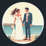 Sea Breeze Wedding Sticker  Runt Klistermärke<br><div class="desc">Celebrate your love with this elegant wedding sticker,  featuring a couple embracing on a serene beach backdrop. Perfect for showcasing your special day in style!</div>