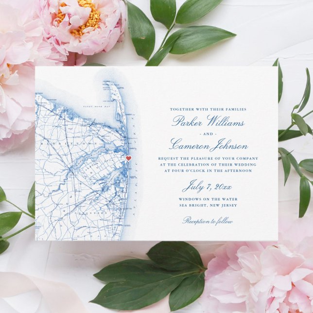 Sea Bright New jersey Elegant bröllop Inbjudningar (This Sea Bright, New Jersey map wedding invitation is perfect for your destination beach wedding)