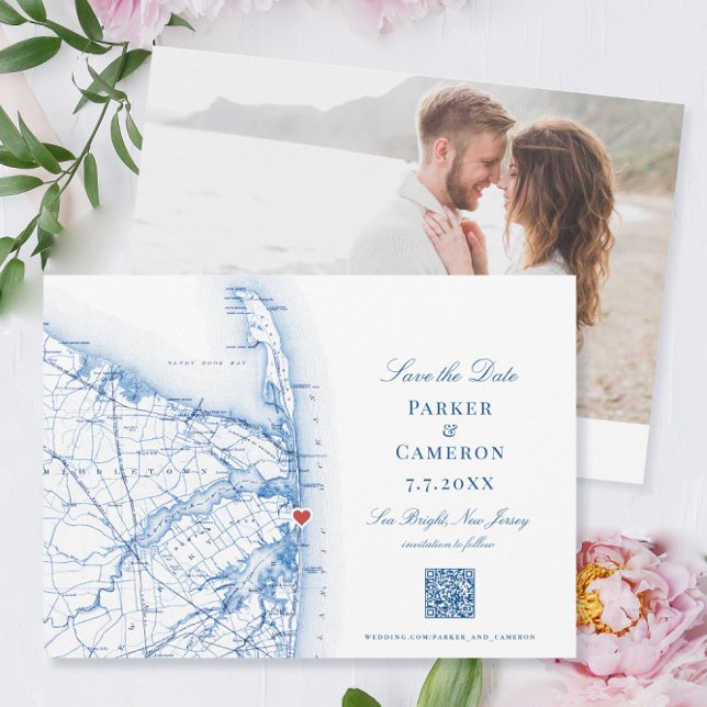 Sea Bright New jersey Elegant Karta QR Spara Datumet (These Sea Bright New Jersey save the dates have a QR code for your wedding website and your photo)