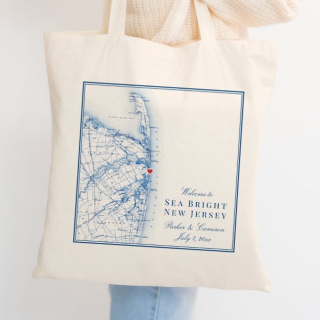 Sea Bright New Jersey Karta Elegant Bröllops Hälsn Tygkasse (These Welcome to Sea Bright New Jersey tote bags are perfect for your Jersey shore wedding)