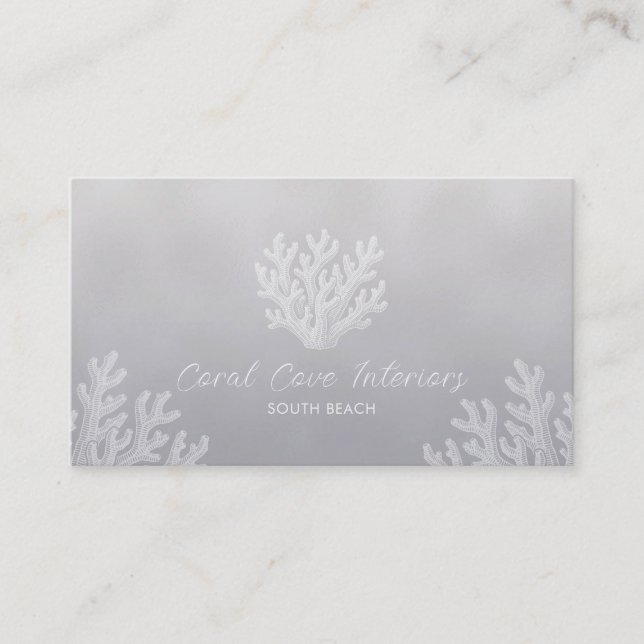 Sea Coral Silhouette | Silver Pearl Business Card Visitkort (Framsida)