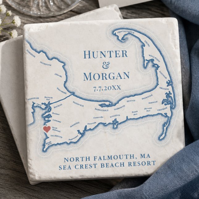 Sea Crest Beach Resort Bröllopsgåva Cape Cod Karta Stenunderlägg (Sea Crest Beach Resort Wedding Favor Cape Cod Map Stone Coaster Gift by Coastal Map Designs)