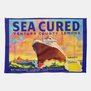 Sea Cured-märkesetikett för citroner låda Kökshandduk