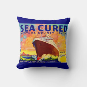 Sea Cured-märkesetikett för citroner låda Kudde