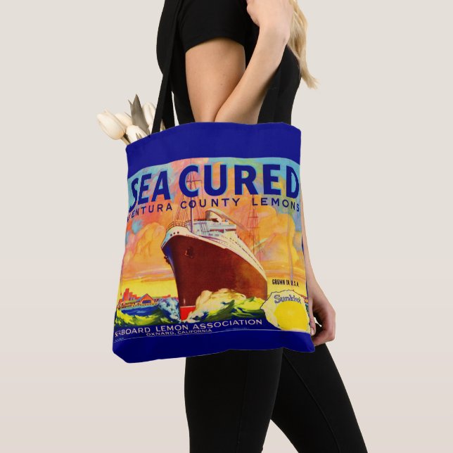 Sea Cured-märkesetikett för citroner låda Tygkasse (Närbild)