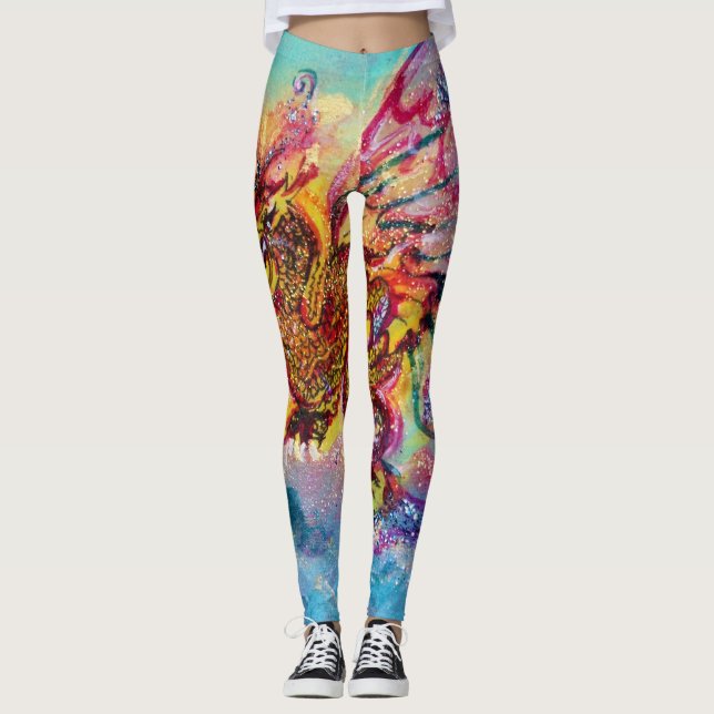 SEA DRAGON in Blue Guld Gult Rosa Fantasy Leggings (Framsida)