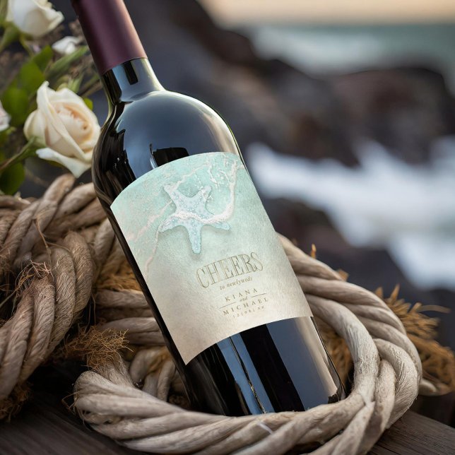 Sea Foam Beach Wedding Cheers ID837 Vinflaska Etikett (Skapare uppladdad)