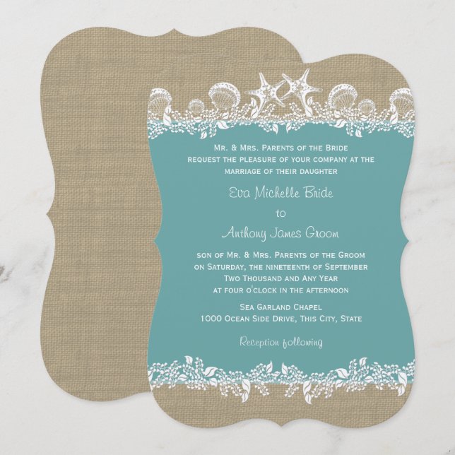 Sea Garland Teal Beach Wedding Inbjudningar (Fram/baksida)