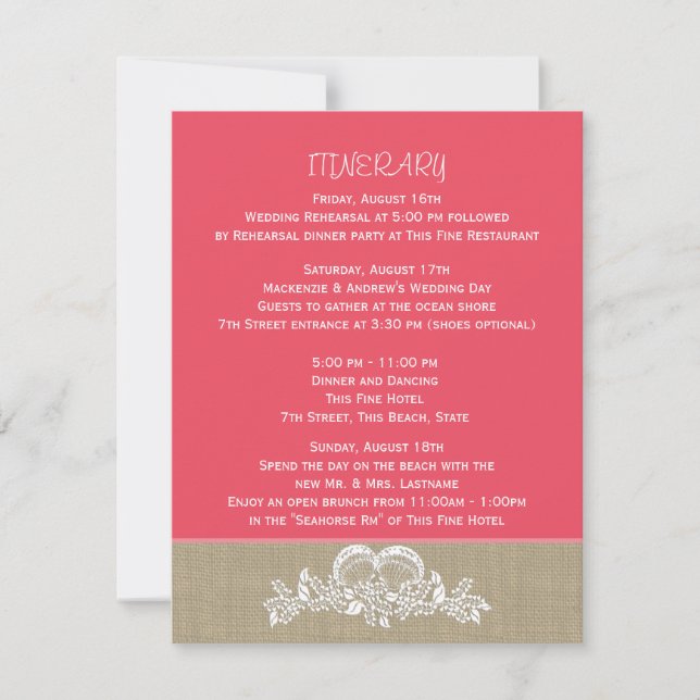 Sea Garland Tropical Beach Wedding Itinerary Inbjudningar (Framsida)