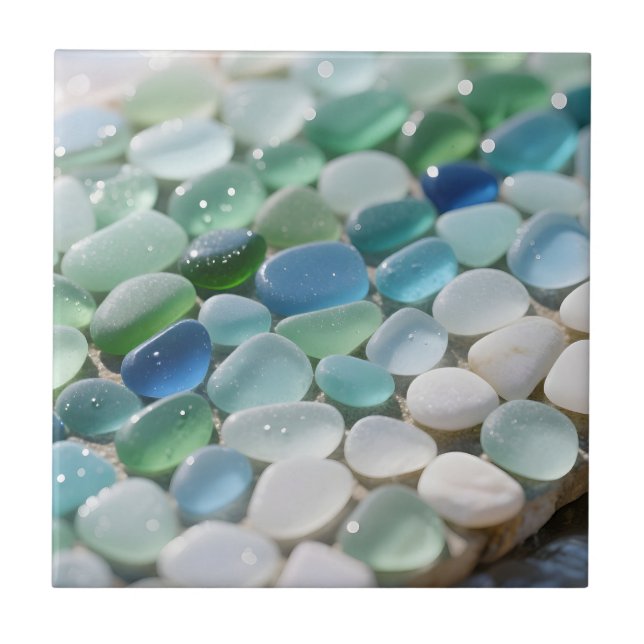 Sea Glass Mosaic Ocean Blues Tranquil Kakelplatta (Framsidan)