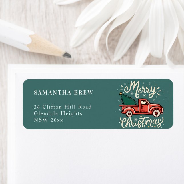 Sea Green Festive Farm Truck & Christmas Tree Returadress Etikett (Insitu)