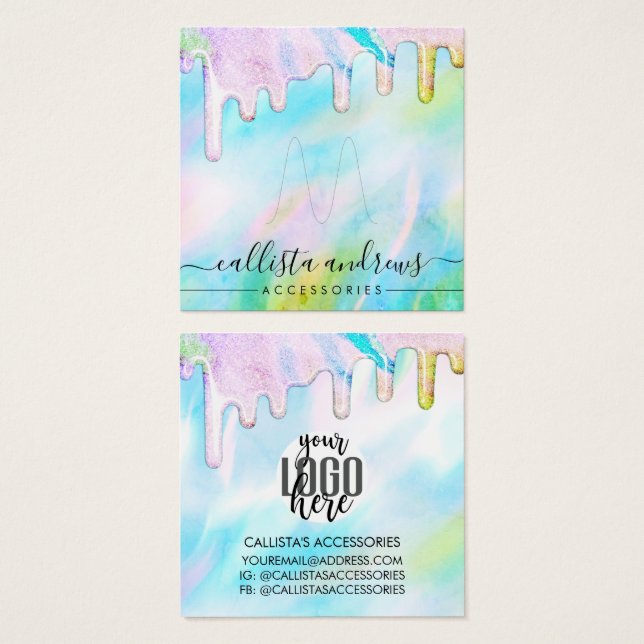 Sea Grönt HoloGraph Glitter Drip Ring Logotyp Fyrkantigt Visitkort (Framsida & baksida)