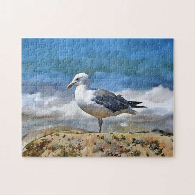 Sea Gull Bird vid Ocean Art Puzzle Pussel (Horisontell)