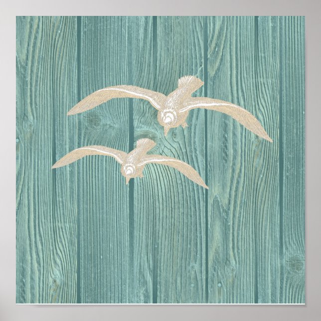 Sea Gull Vintage Aqua Wood Beach Poster (Framsidan)