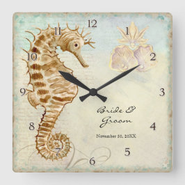 Sea Horse Coastal Beach Personlig Bröllop Gift Fyrkantig Klocka
