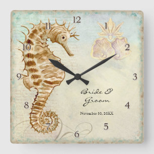 Sea Horse Coastal Beach Personlig Bröllop Gift Fyrkantig Klocka