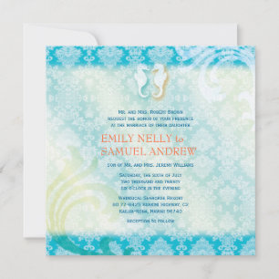 Sea Horse Couple Jeweled Damask Beach Wedding Inbjudningar