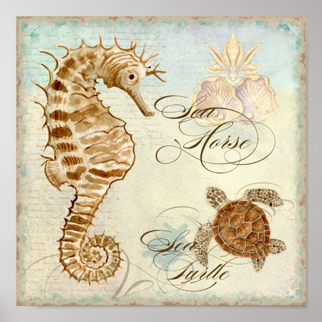 Sea Horse, Sea Turtle Coastal Beach - Fine Art Poster (Framsidan)