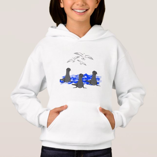 Sea Lejon Ocean & Fiskmåsar Girls Hoodie T Shirt (Framsida)
