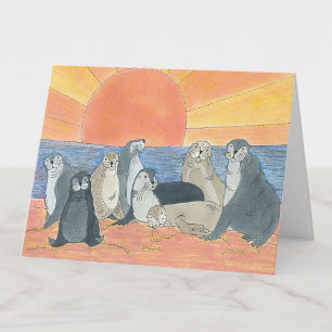 Sea Lejon Sunrise Teckning Blank Tack Kort
