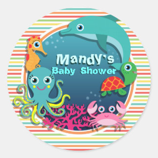 Sea Life Baby Shower, Bright Rainbow Rand Runt Klistermärke