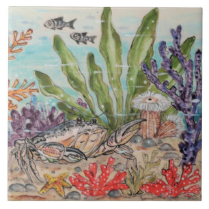 Sea Life Crab Fish Coral Anemone Ocean Mural Pc.#8 Kakelplatta