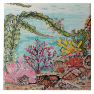 Sea Life Octopus Shrimp Turtle Coral Mural Pc.#5 Kakelplatta