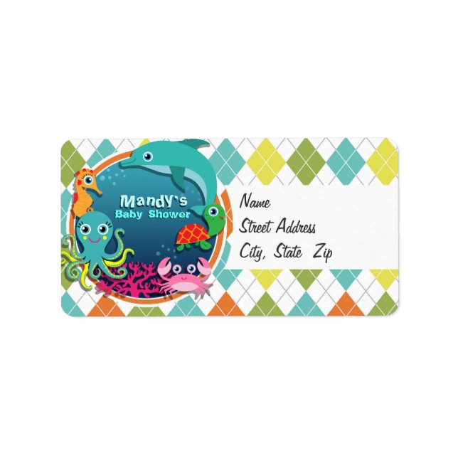 Sea Life on Colorful Argyle; Baby Shower Adressetikett (Framsidan)