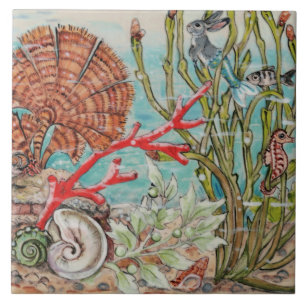 Sea Life Sjöjungfru Rabbit Seahorse Coral Mural P Kakelplatta