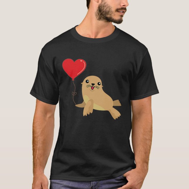Sea Lion With Heart Balloon Valentines Day Love Bo T Shirt (Framsida)