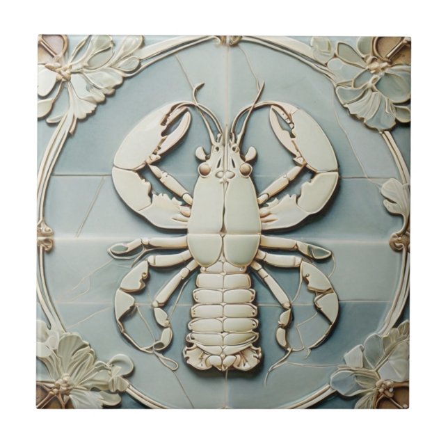 Sea Lobster Art nouveau Faux Relief Mint Ocean Kakelplatta (Framsidan)