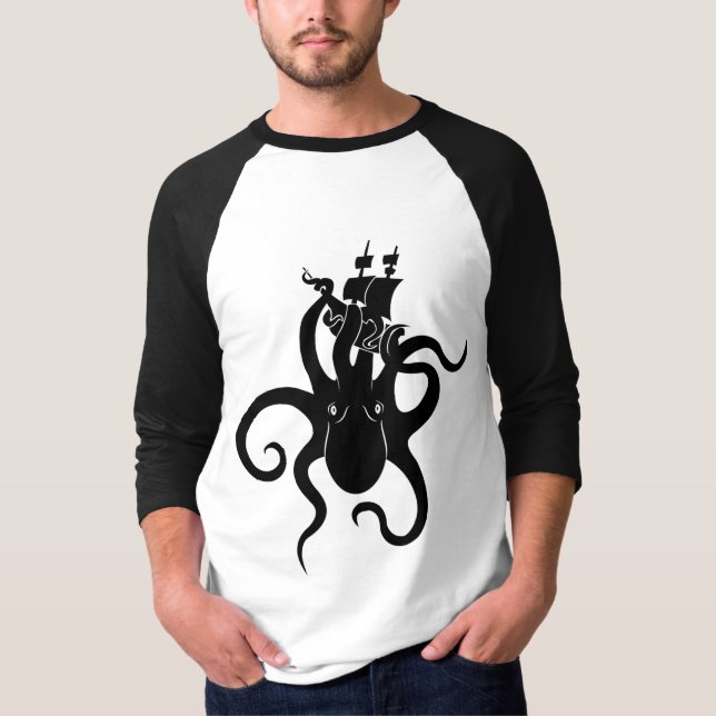 Sea Monster Blue och Black Kraken med Frakt T Shirt (Framsida)