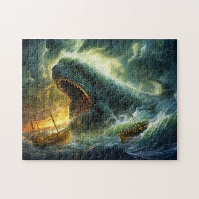 Sea Monster Emerging from Waves Fantasy Painting Pussel (Horisontell)