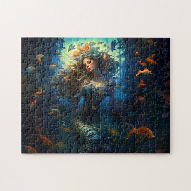 Sea Nymph Surrounded by Fish Fantasy Painting Pussel (Horisontell)