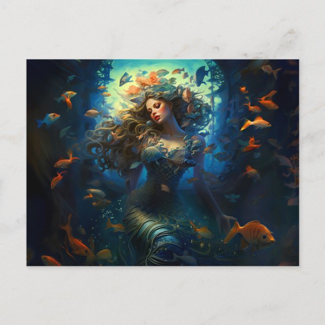 Sea Nymph Surrounded by Fish Fantasy Painting Vykort (Framsida)