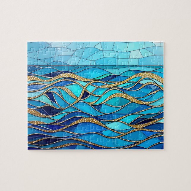 Sea of Waves Blue and Gold Mosaic Art Pussel (Horisontell)