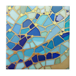 Sea of Waves Blue and Gold Mosaic Fine Art Kakelplatta