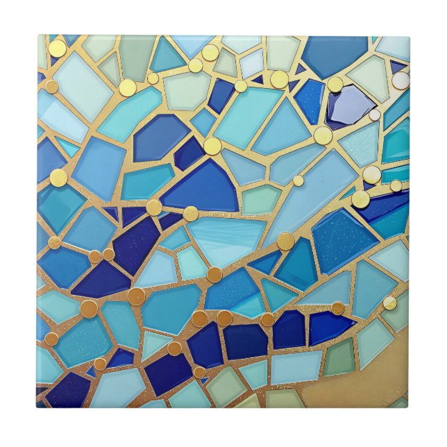 Sea of Waves Blue and Gold Mosaic Fine Art Kakelplatta (Framsidan)