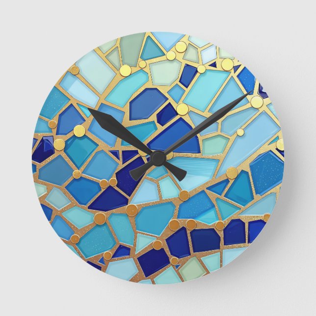 Sea of Waves Blue and Gold Mosaic Fine Art Rund Klocka (Framsida)