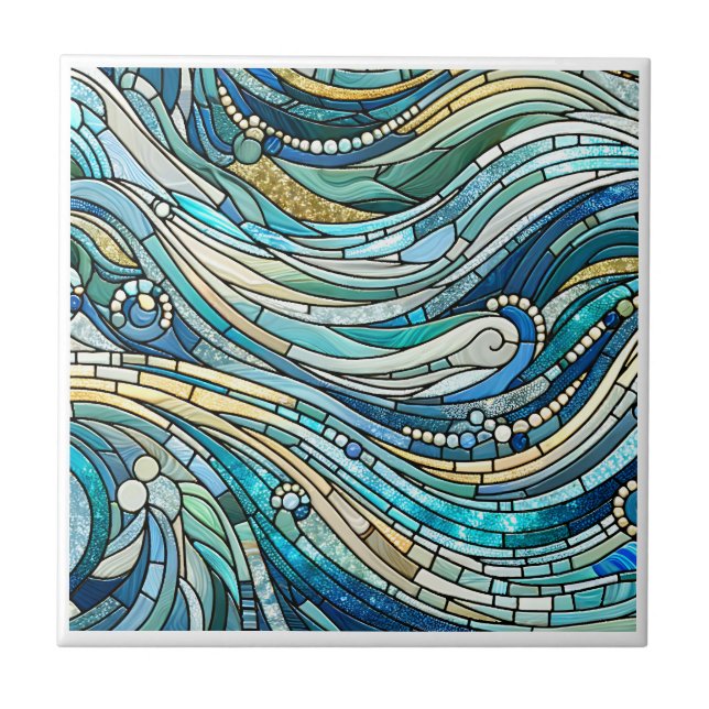 Sea of Waves Teal Mosaic Fine Art Kakelplatta (Framsidan)